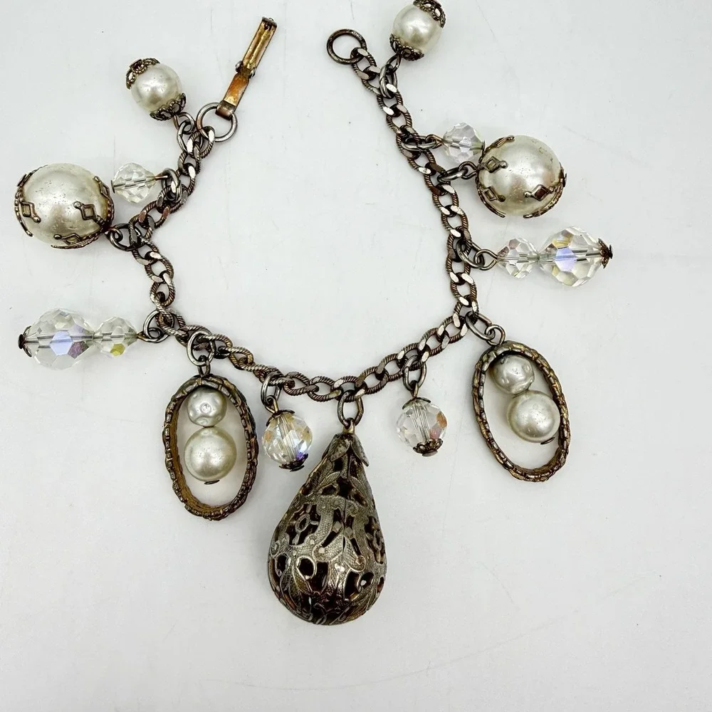 Vintage Charm Bracelet Dangling AB Crystal Faux Pearl Ball Filigree Read